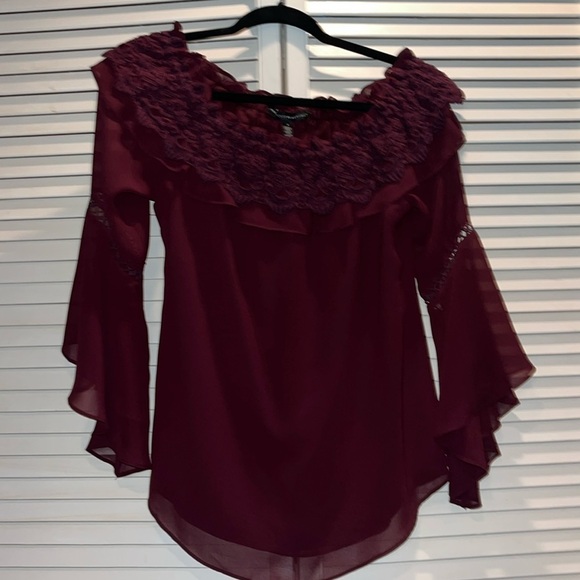 White House Black Market Tops - White House Black Market‎ wine maroon long sleeve ruffle top women’s size S